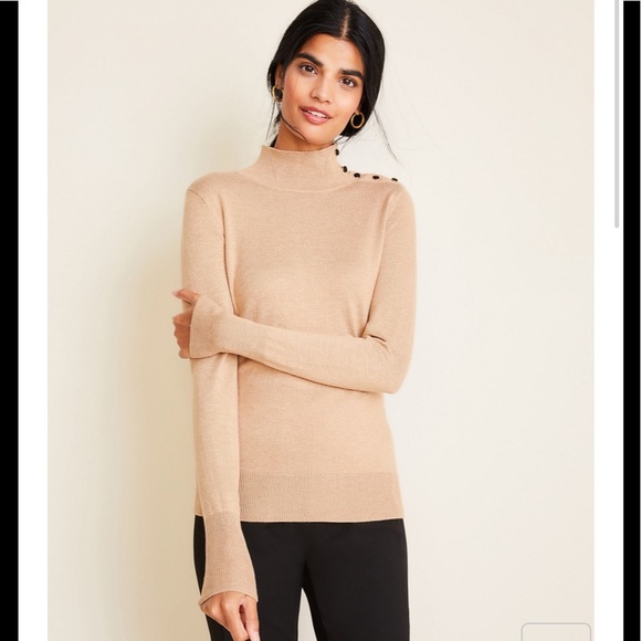 NWT Ann Taylor Sweater Shoulder Button Turtleneck Knit Neutral Oatmeal Mock XXL - Picture 2 of 7